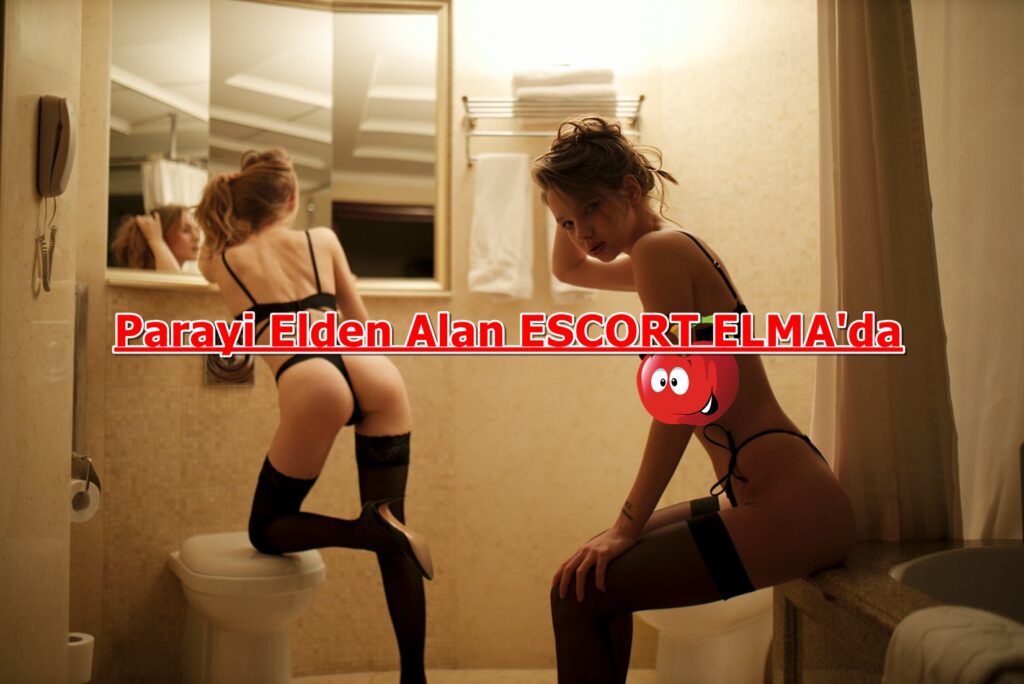 Two women in black lingerie in a dim bathroom, one kneeling on a toilet and the other sitting on a counter, with a large red Turkish headline across the middle of the image.
