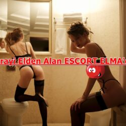 Two women in black lingerie in a dim bathroom, one kneeling on a toilet and the other sitting on a counter, with a large red Turkish headline across the middle of the image.